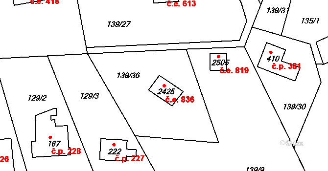 Rajchardov 836, Hradištko na parcele st. 2425 v KÚ Hradištko pod Medníkem, Katastrální mapa