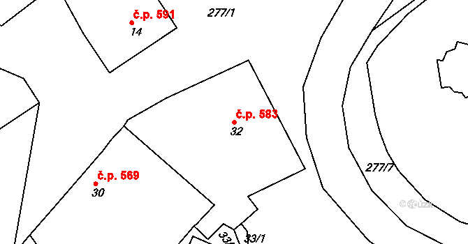 Rudná 583 na parcele st. 32 v KÚ Hořelice, Katastrální mapa