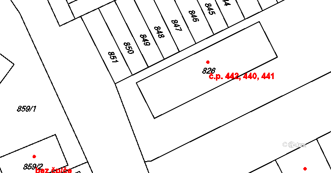 Rájec 440,441,442, Rájec-Jestřebí na parcele st. 826 v KÚ Rájec nad Svitavou, Katastrální mapa