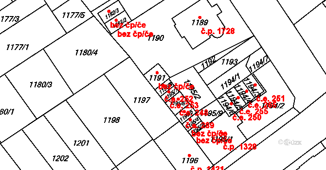 Chomutov 252 na parcele st. 1195/8 v KÚ Chomutov I, Katastrální mapa