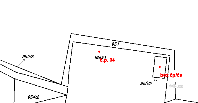 Štěnovice 34 na parcele st. 950/1 v KÚ Štěnovice, Katastrální mapa