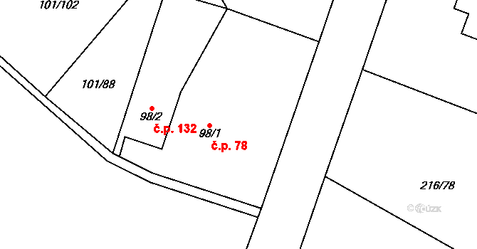 Štrampouch 78, Žáky na parcele st. 98/1 v KÚ Žáky, Katastrální mapa