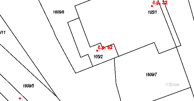 Velechvín 52, Lišov na parcele st. 105/2 v KÚ Velechvín, Katastrální mapa