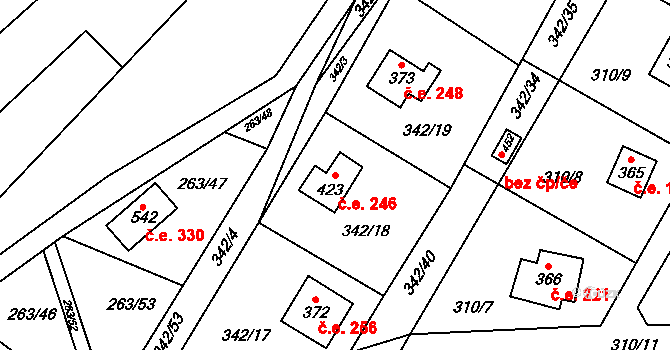 Hostěradice 246, Kamenný Přívoz na parcele st. 423 v KÚ Hostěradice, Katastrální mapa