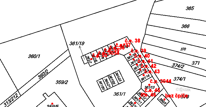 Vyškov-Předměstí 35, Vyškov na parcele st. 361/5 v KÚ Vyškov, Katastrální mapa