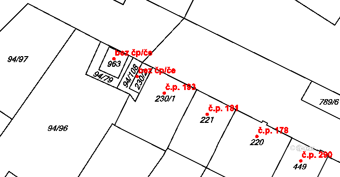Košťany 193 na parcele st. 230/1 v KÚ Košťany, Katastrální mapa
