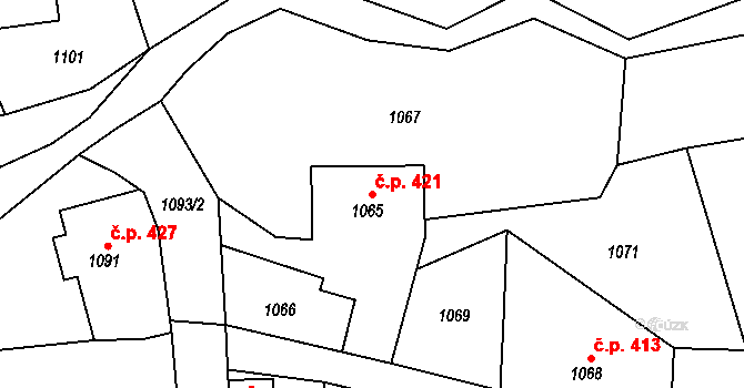Staříč 421 na parcele st. 1065 v KÚ Staříč, Katastrální mapa