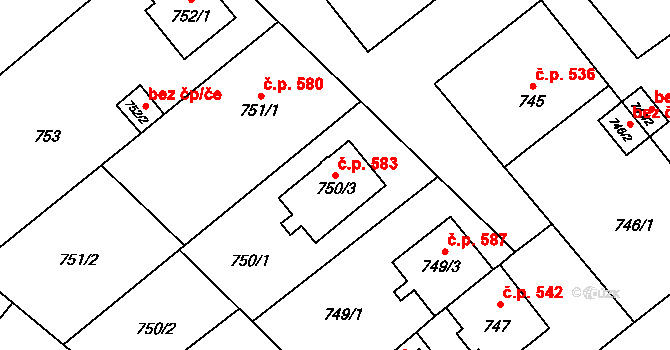 Štěpánov 583 na parcele st. 750/3 v KÚ Štěpánov u Olomouce, Katastrální mapa