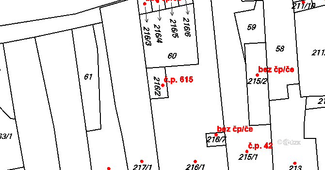 Libochovice 615 na parcele st. 216/2 v KÚ Libochovice, Katastrální mapa