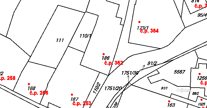 Jevíčko 362 na parcele st. 186 v KÚ Jevíčko-předměstí, Katastrální mapa