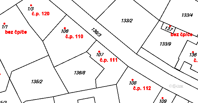 Přední Lhota 111, Poděbrady na parcele st. 107 v KÚ Přední Lhota u Poděbrad, Katastrální mapa