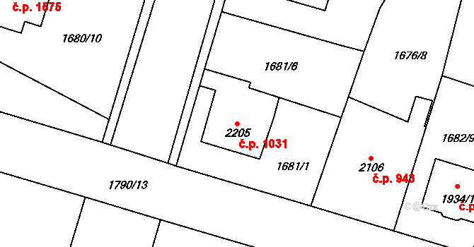 Cheb 1031 na parcele st. 2205 v KÚ Cheb, Katastrální mapa