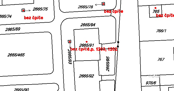 Kyje 1202,1203, Praha na parcele st. 2665/91 v KÚ Kyje, Katastrální mapa