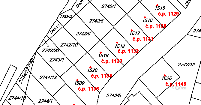Rosice 1133 na parcele st. 1519 v KÚ Rosice u Brna, Katastrální mapa