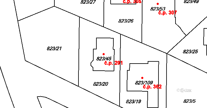 Lípa 291 na parcele st. 823/45 v KÚ Lípa nad Dřevnicí, Katastrální mapa