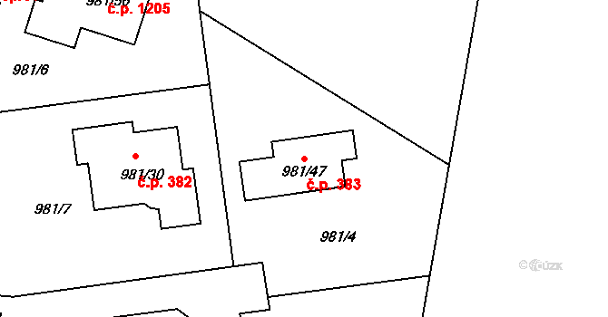 Srubec 383 na parcele st. 981/47 v KÚ Srubec, Katastrální mapa