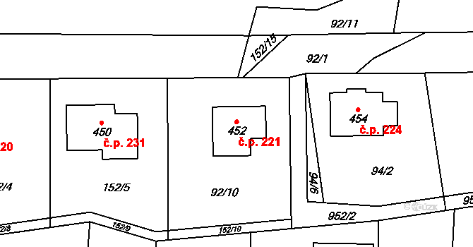 Prosetín 221 na parcele st. 452 v KÚ Prosetín u Hlinska, Katastrální mapa