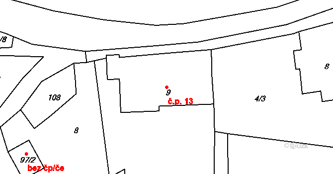 Hošťálkovy 13 na parcele st. 9 v KÚ Hošťálkovy, Katastrální mapa