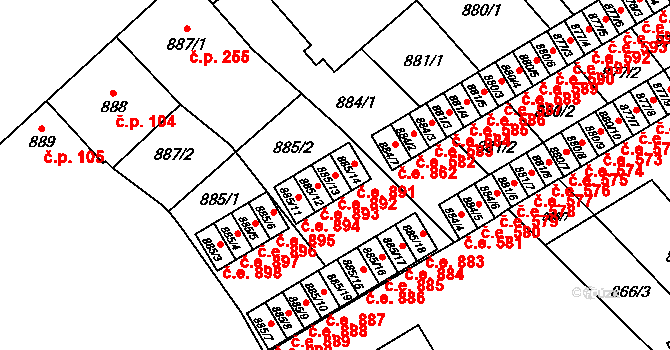 Vyškov-Předměstí 892, Vyškov na parcele st. 885/13 v KÚ Vyškov, Katastrální mapa