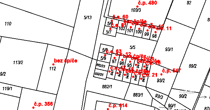 Měnín 63 na parcele st. 5/9 v KÚ Měnín, Katastrální mapa