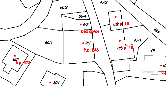 Červené Záhoří 233, Chotoviny na parcele st. 9/1 v KÚ Červené Záhoří, Katastrální mapa