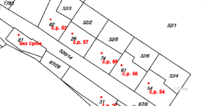 Liběšice 59, Želenice na parcele st. 74 v KÚ Liběšice u Želenic, Katastrální mapa