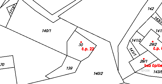 Dolní Jamné 22, Bezvěrov na parcele st. 30 v KÚ Dolní Jamné, Katastrální mapa