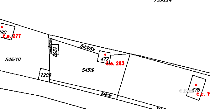 Nučice 283 na parcele st. 477 v KÚ Nučice u Rudné, Katastrální mapa