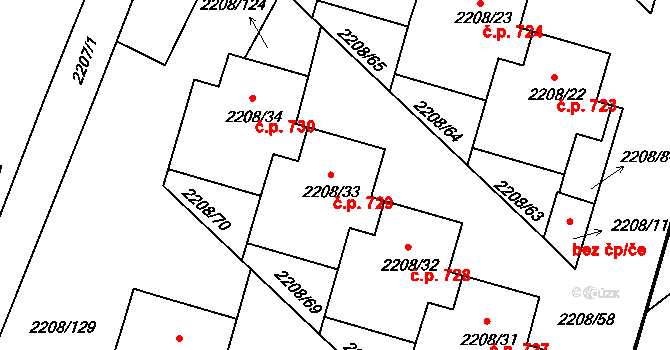 Veselí nad Lužnicí II 729, Veselí nad Lužnicí na parcele st. 2208/33 v KÚ Veselí nad Lužnicí, Katastrální mapa