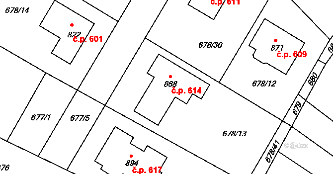 Okříšky 614 na parcele st. 868 v KÚ Okříšky, Katastrální mapa