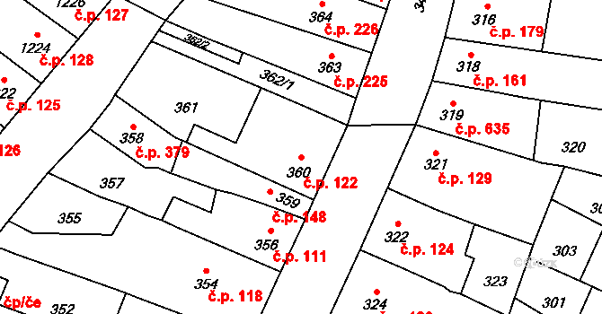 Rájec 122, Rájec-Jestřebí na parcele st. 360 v KÚ Rájec nad Svitavou, Katastrální mapa