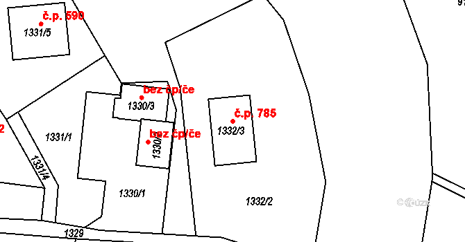 Fryčovice 785 na parcele st. 1332/3 v KÚ Fryčovice, Katastrální mapa