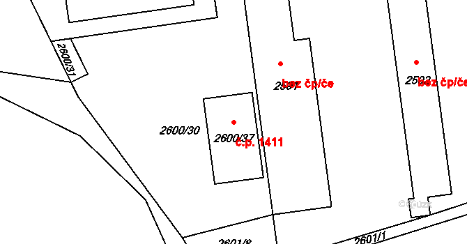 Hustopeče 1411 na parcele st. 2600/37 v KÚ Hustopeče u Brna, Katastrální mapa