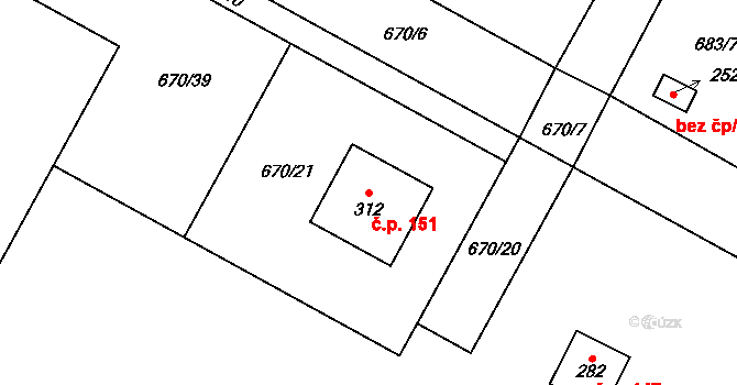 Mírovka 151, Havlíčkův Brod na parcele st. 312 v KÚ Mírovka, Katastrální mapa