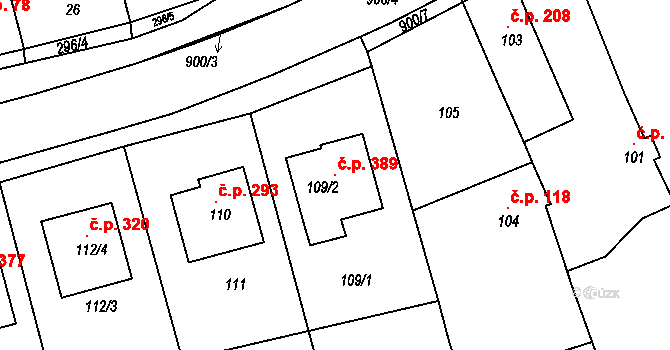 Újezdec 389, Uherský Brod na parcele st. 109/2 v KÚ Újezdec u Luhačovic, Katastrální mapa