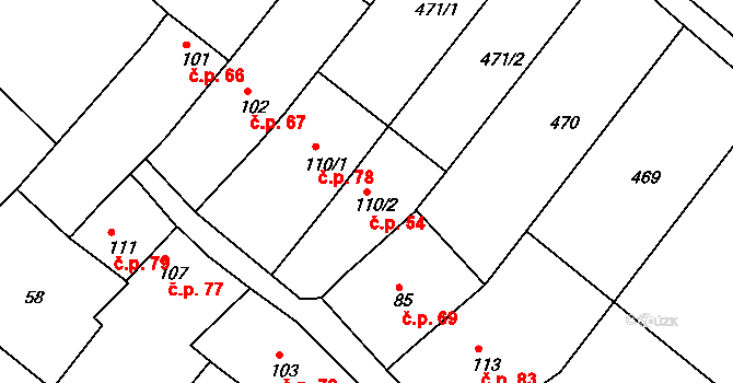 Šelešovice 54 na parcele st. 110/2 v KÚ Šelešovice, Katastrální mapa