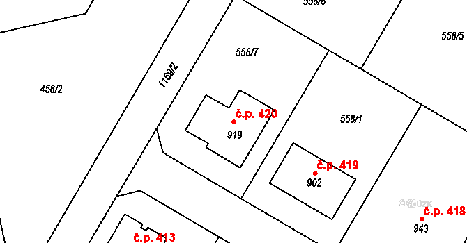 Rouchovany 420 na parcele st. 919 v KÚ Rouchovany, Katastrální mapa