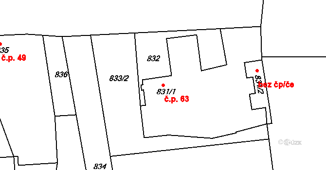 Oleksovice 63 na parcele st. 831/1 v KÚ Oleksovice, Katastrální mapa