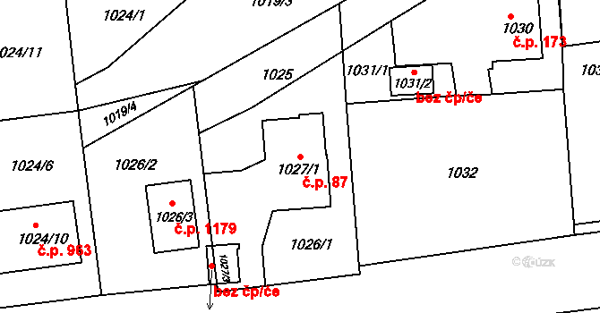 Lyžbice 87, Třinec na parcele st. 1027/1 v KÚ Lyžbice, Katastrální mapa