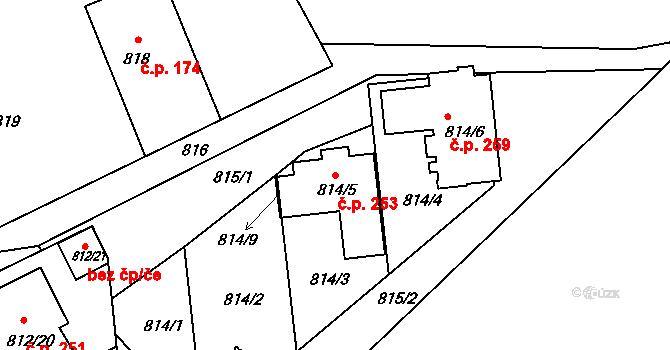Omice 253 na parcele st. 814/5 v KÚ Omice, Katastrální mapa