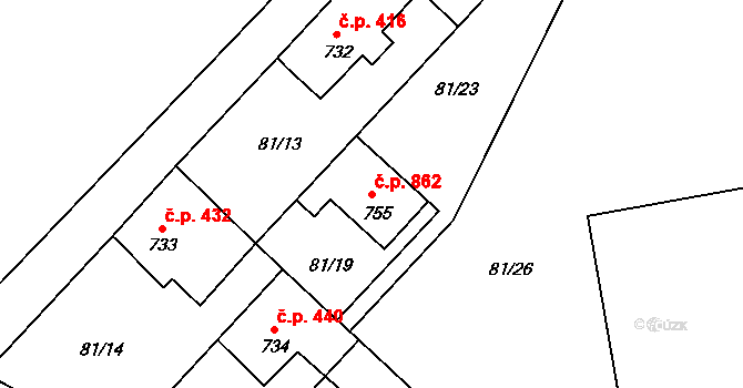 Ostravice 862 na parcele st. 755 v KÚ Staré Hamry 2, Katastrální mapa