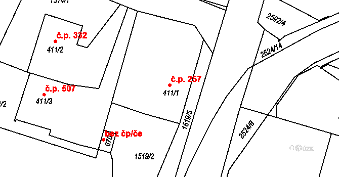 Bor 257 na parcele st. 411/1 v KÚ Bor u Tachova, Katastrální mapa