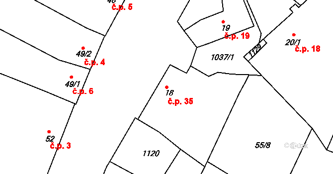 Soběsuky 35 na parcele st. 18 v KÚ Soběsuky, Katastrální mapa