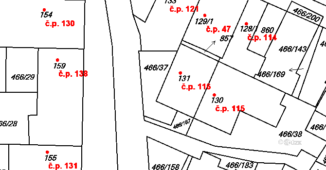 Broumy 116 na parcele st. 131 v KÚ Broumy, Katastrální mapa