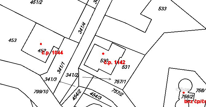 Hořovice 1142 na parcele st. 530 v KÚ Velká Víska, Katastrální mapa