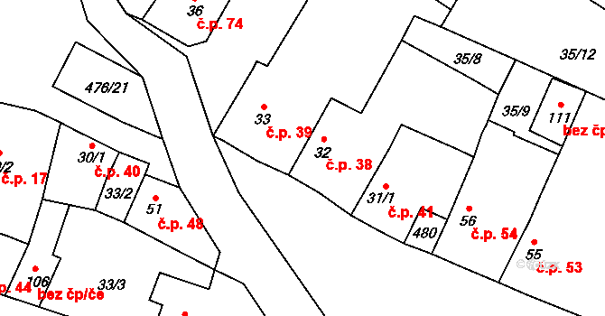 Černiv 38 na parcele st. 32 v KÚ Černiv, Katastrální mapa