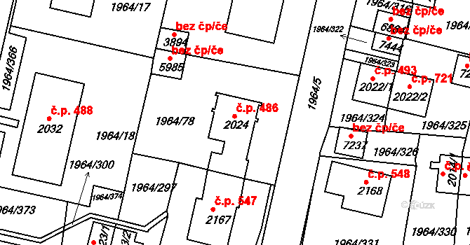 Borovina 486, Třebíč na parcele st. 2024 v KÚ Třebíč, Katastrální mapa