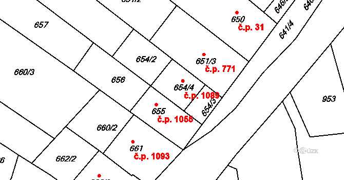 Mutěnice 1089 na parcele st. 654/4 v KÚ Mutěnice, Katastrální mapa