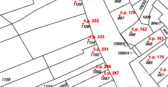 Blučina 233 na parcele st. 1104 v KÚ Blučina, Katastrální mapa