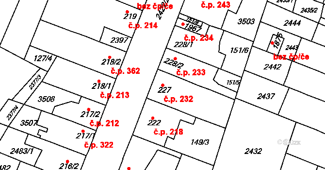 Rosice 232 na parcele st. 227 v KÚ Rosice u Brna, Katastrální mapa